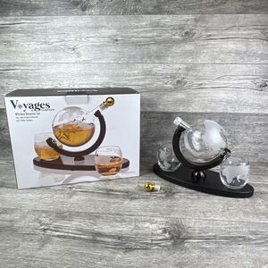 VOYAGES BY GODINGER Decanter Set-Glass Ship Sculpture Decanter & 2 Globe Glasses